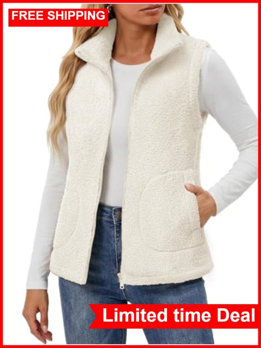 Fleece Vest Zipper Sherpa Stand Collar Sleeveless with Pockets